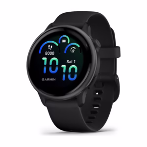 Garmin vivoactive 6 42mm GPS smartwatch in Slate with black silicone band, front angled view