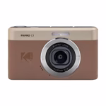 KODAK PIXPRO C1 digital camera in Brown, front view with textured leatherette finish and Kodak logo