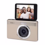 KODAK PIXPRO C1 digital camera in Tan with the 180 degree tilt LCD raised for vlogging