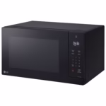 LG MSER1590B black countertop microwave, three-quarter angled view