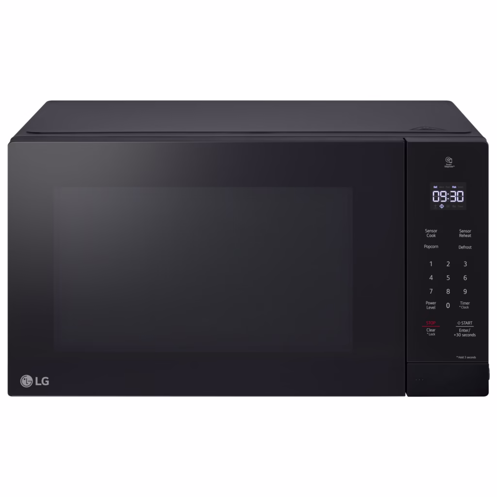 LG MSER1590B black microwave front view showing SmoothTouch glass controls and LED display