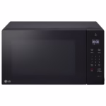 LG MSER1590B black microwave front view showing SmoothTouch glass controls and LED display