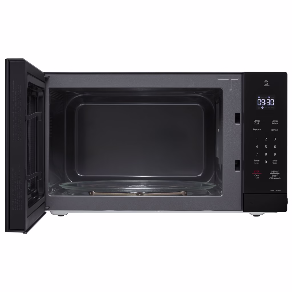 LG MSER1590B microwave with door open showing the 14.2 inch glass turntable and EasyClean interior