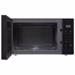 LG MSER1590B microwave with door open showing the 14.2 inch glass turntable and EasyClean interior