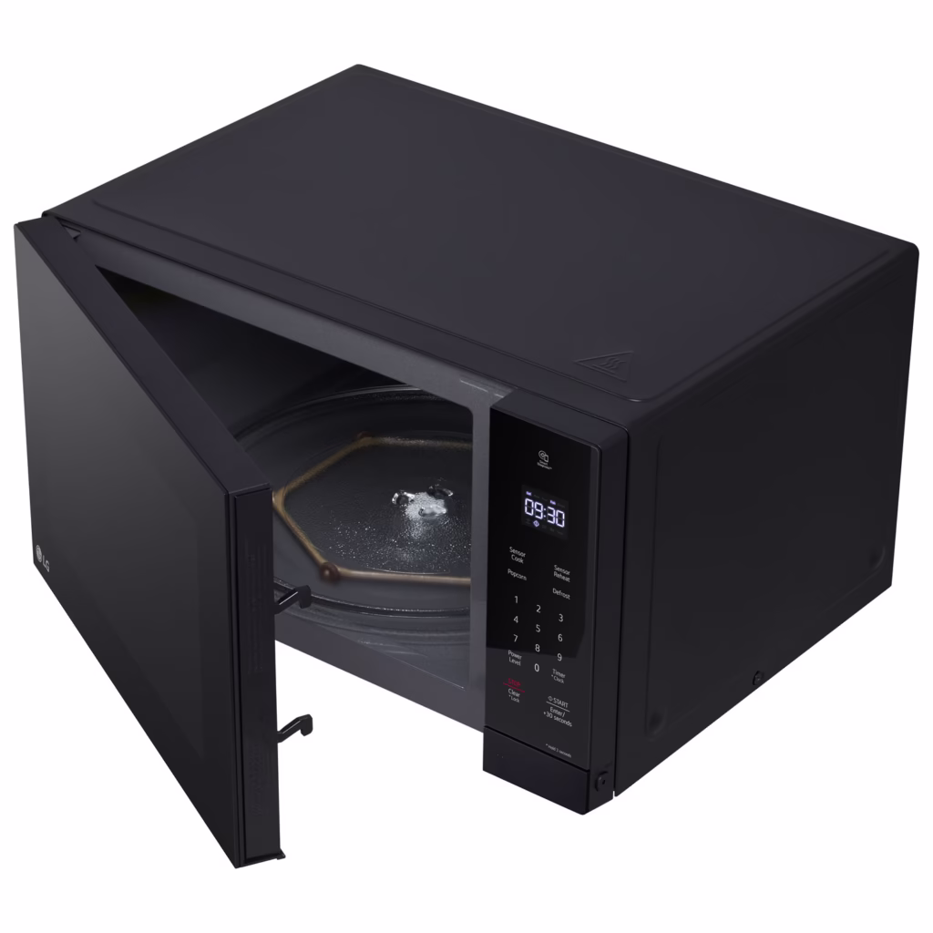 LG MSER1590B microwave with the door fully open showing the hexagonal stable ring under the turntable