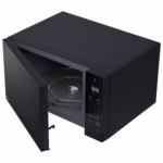LG MSER1590B microwave with the door fully open showing the hexagonal stable ring under the turntable