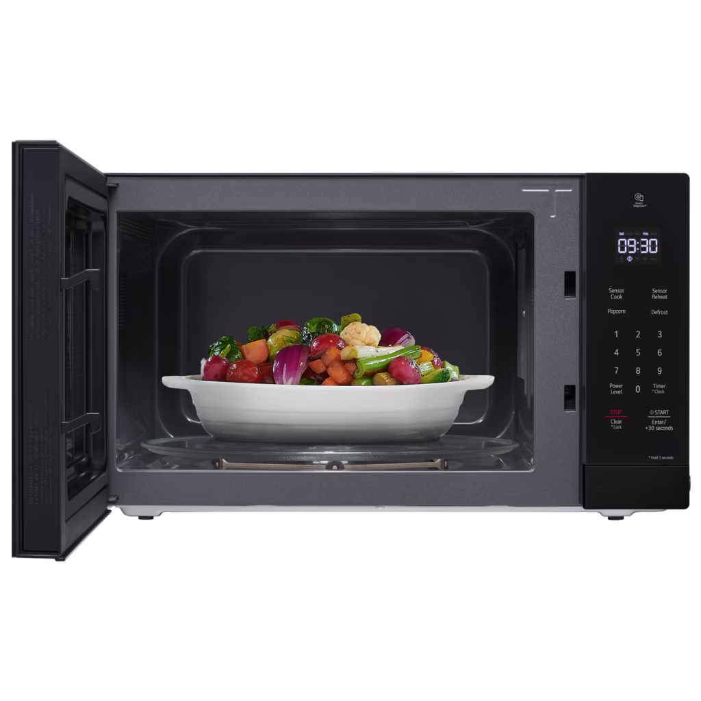 LG MSER1590B microwave door open with a bowl of vegetables on the turntable, Sensor Cook capacity view