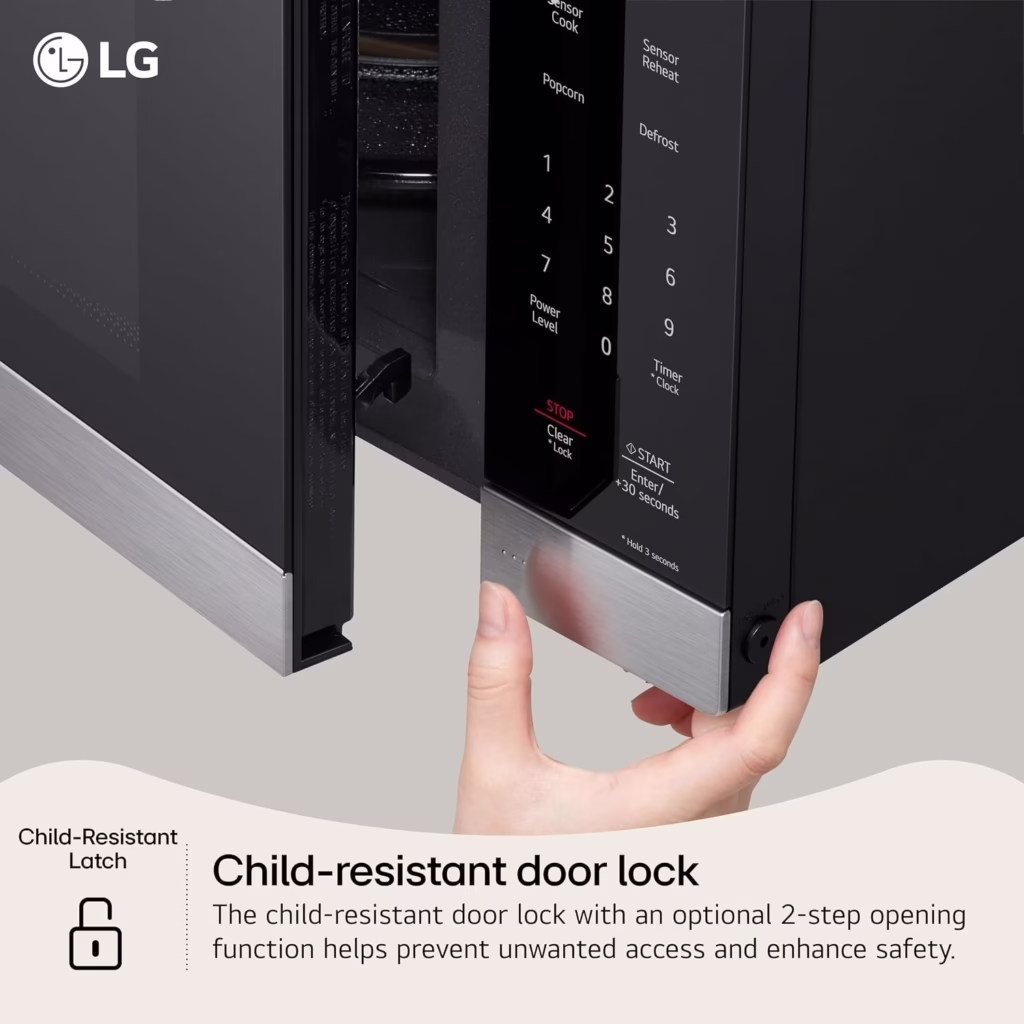 LG MSER1590C microwave child-resistant door lock with optional 2-step opening