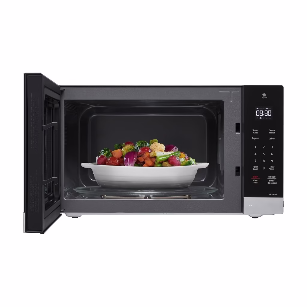 LG MSER1590C microwave with the door open showing the 14.2 inch glass turntable and EasyClean interior