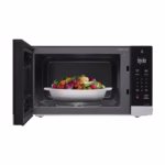 LG MSER1590C microwave with the door open showing the 14.2 inch glass turntable and EasyClean interior