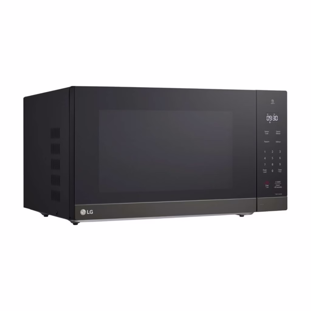 LG MSER2090D black stainless countertop microwave, three-quarter angled view