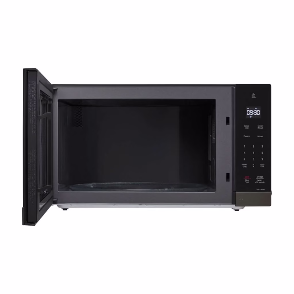 LG MSER2090D microwave with door open showing the EasyClean interior and 16 inch glass turntable
