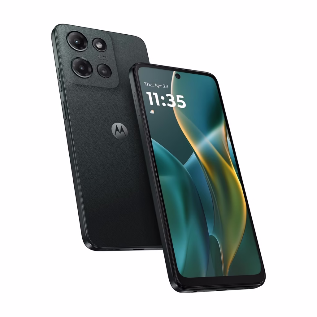 Motorola Moto G 5G 2025 front and rear handsets standing side by side