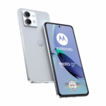 Motorola Moto G84 5G in Marshmallow Blue, front and back view