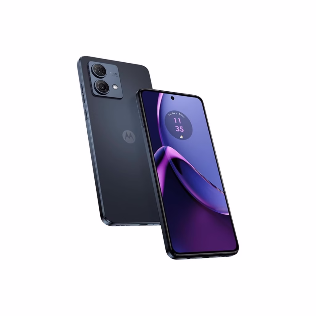 Motorola Moto G84 5G Midnight Blue angled view showing 50MP dual camera