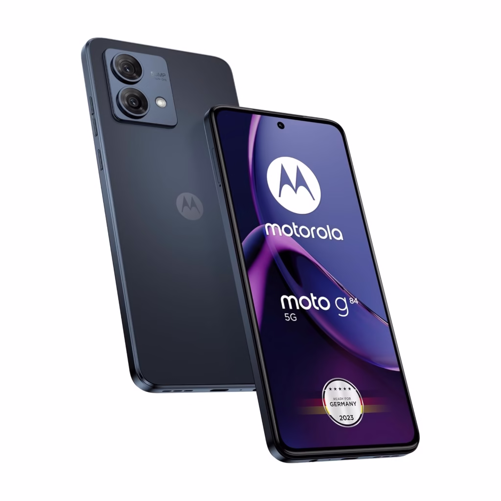 Motorola Moto G84 5G in Midnight Blue, front and back view