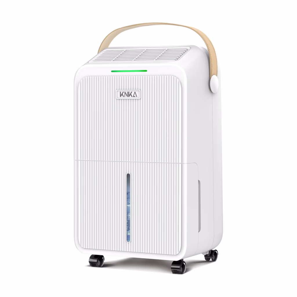 KNKA 34 Pint Dehumidifier in white, front three-quarter view with water level window and caster wheels