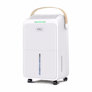 KNKA 34 Pint Dehumidifier in white, front three-quarter view with water level window and caster wheels
