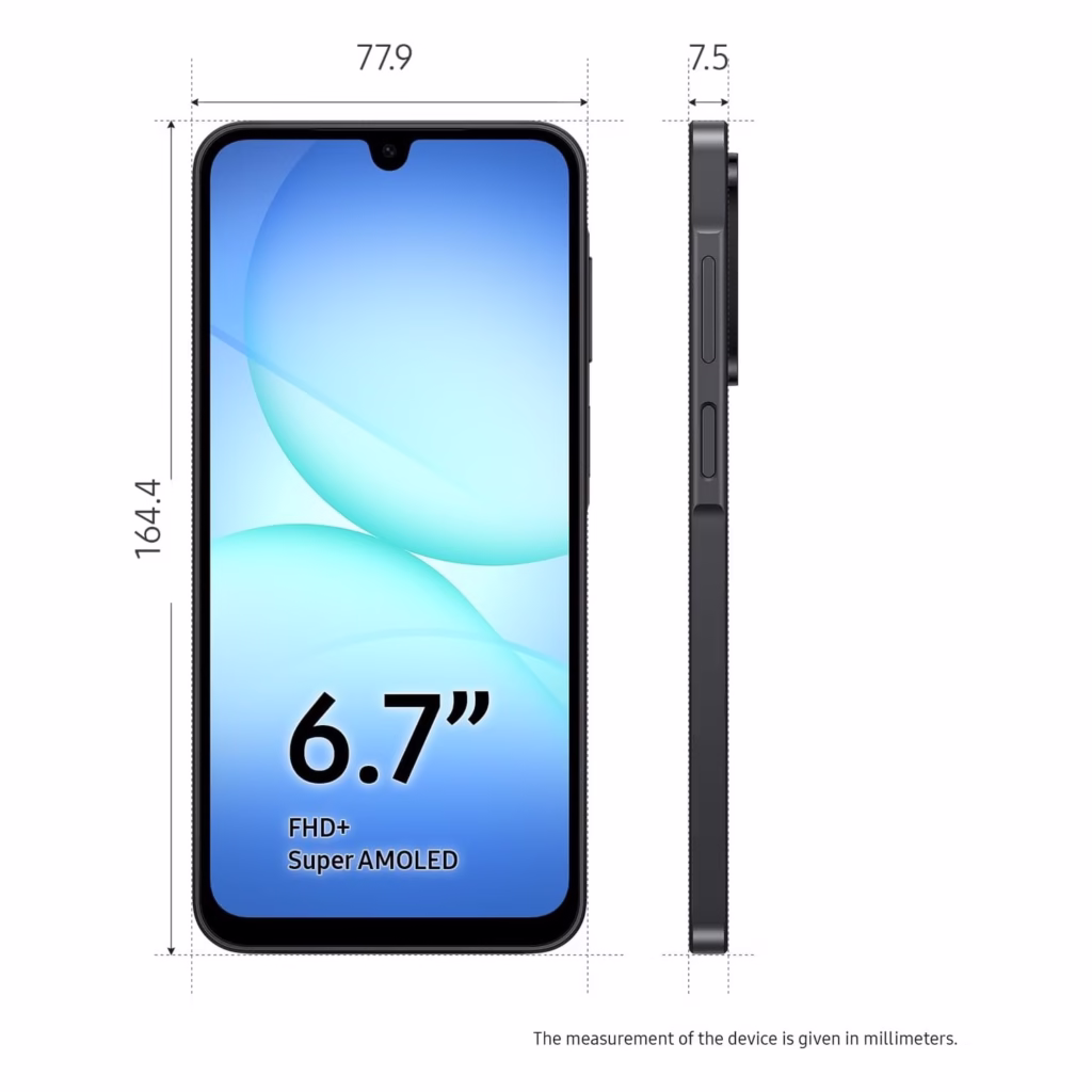Samsung Galaxy A17 5G dimensions 164.4 x 77.9 x 7.5 mm with 6.7-inch FHD+ screen
