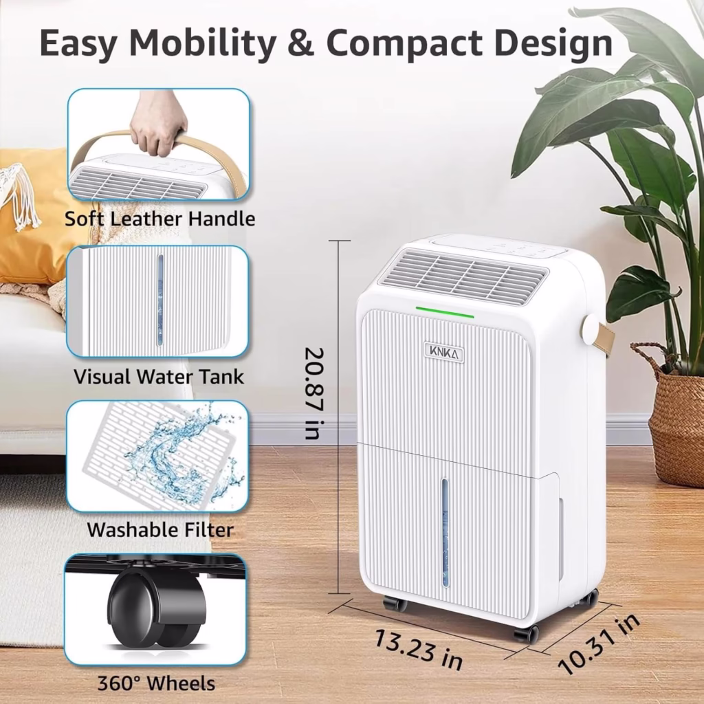 KNKA 34 Pint Dehumidifier dimensions 20.87 x 13.23 x 10.31 inches with leather handle and 360 degree wheels