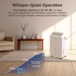 KNKA 34 Pint Dehumidifier quiet operation chart, 45 to 50 dB in a living room