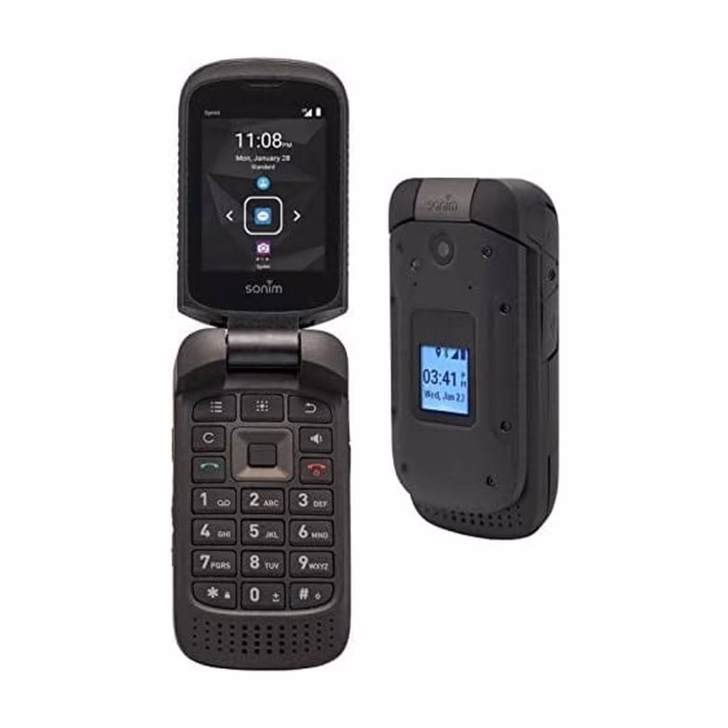 Sonim XP3 XP3800 rugged LTE flip phone, shown open with the keypad and closed with the external display
