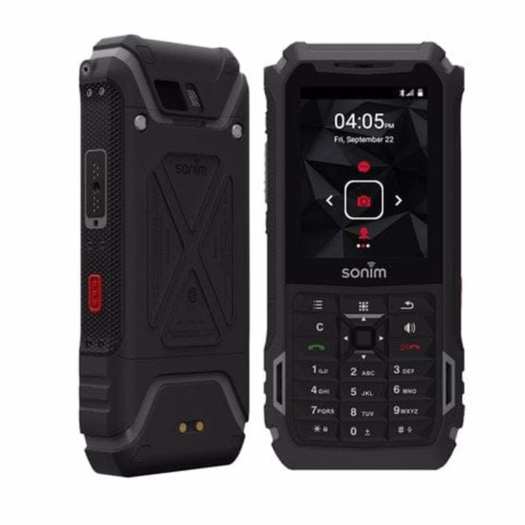 Sonim XP5s XP5800 rugged LTE phone, front and rear views showing the keypad and reinforced casing