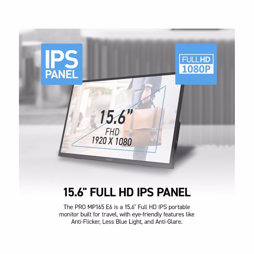 MSI PRO MP165 E6 15.6 inch Full HD IPS panel shown at an angle