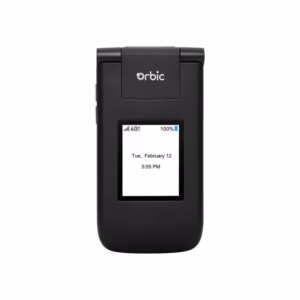 Orbic Journey V 4G LTE flip phone in Black, closed, showing the cover display