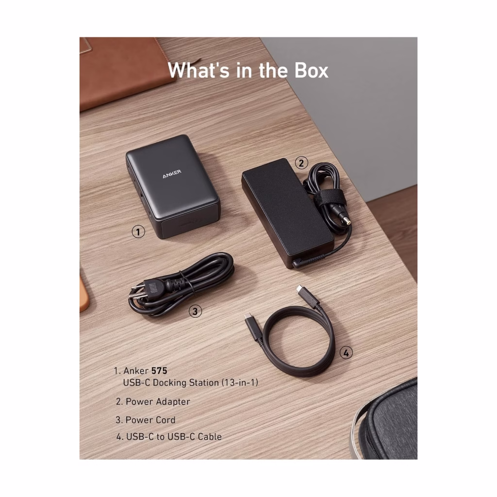 Anker 575 USB-C Docking Station with power adapter, power cord and USB-C cable