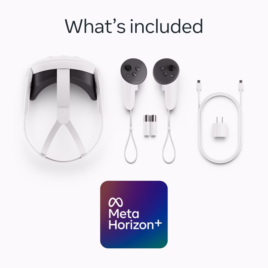 Meta Quest 3S headset, two Touch Plus controllers, cable and power adapter included
