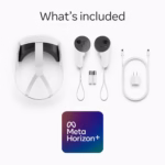 Meta Quest 3S headset, two Touch Plus controllers, cable and power adapter included