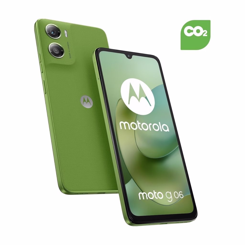 Moto G06 in PANTONE Tendril green at an angle showing the leather finish