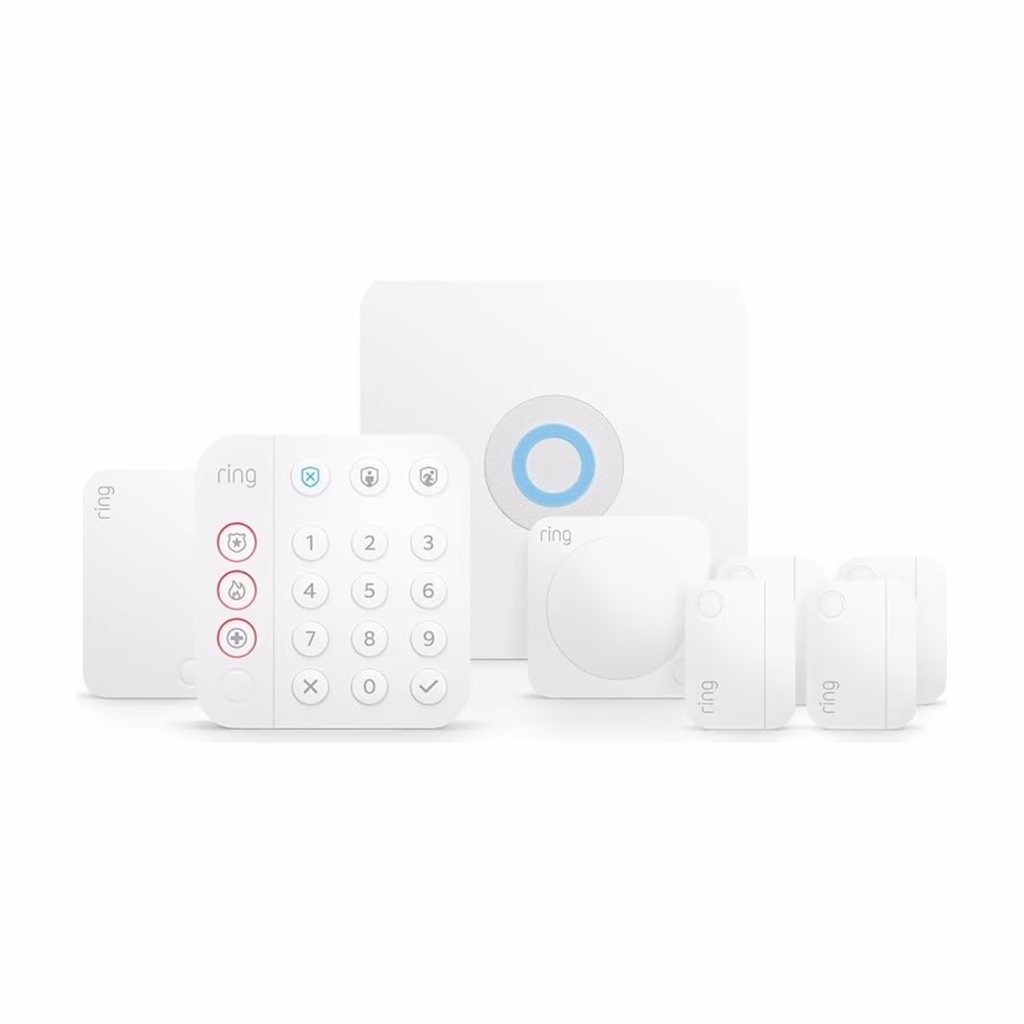 Ring Alarm 8-Piece kit base station, keypad, contact sensors and motion detector on white