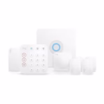 Ring Alarm 8-Piece kit base station, keypad, contact sensors and motion detector on white
