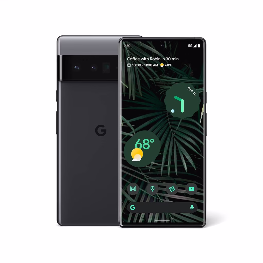 Google Pixel 6 Pro 128GB in Stormy Black, front and rear view