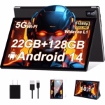 BIEGEDY B29 10.1 inch Android 14 tablet in Black with folio case, charger, cable and screen protector