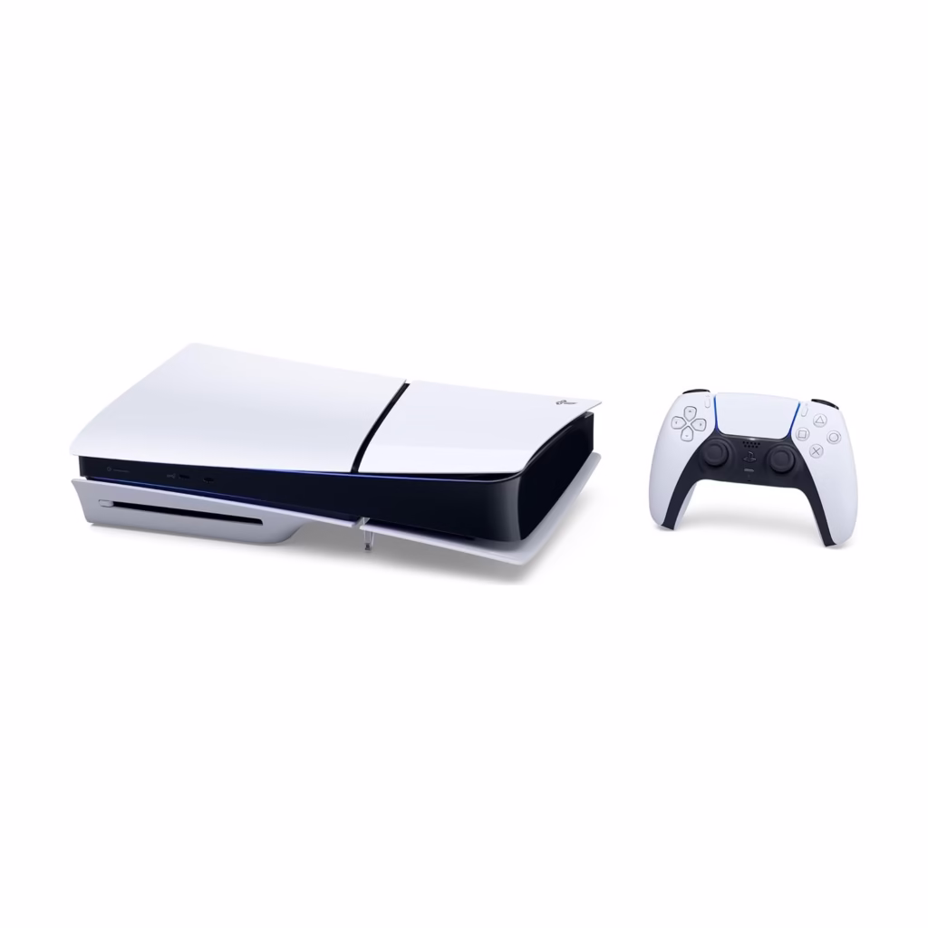 PlayStation 5 Slim console lying horizontally beside a DualSense wireless controller