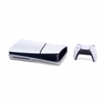 PlayStation 5 Slim console lying horizontally beside a DualSense wireless controller