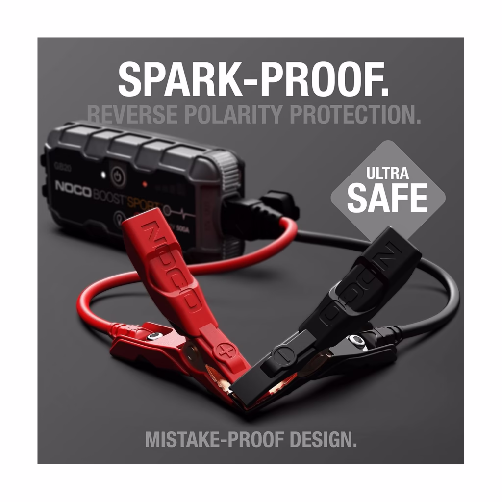 NOCO Boost Sport GB20 spark proof clamps with reverse polarity protection