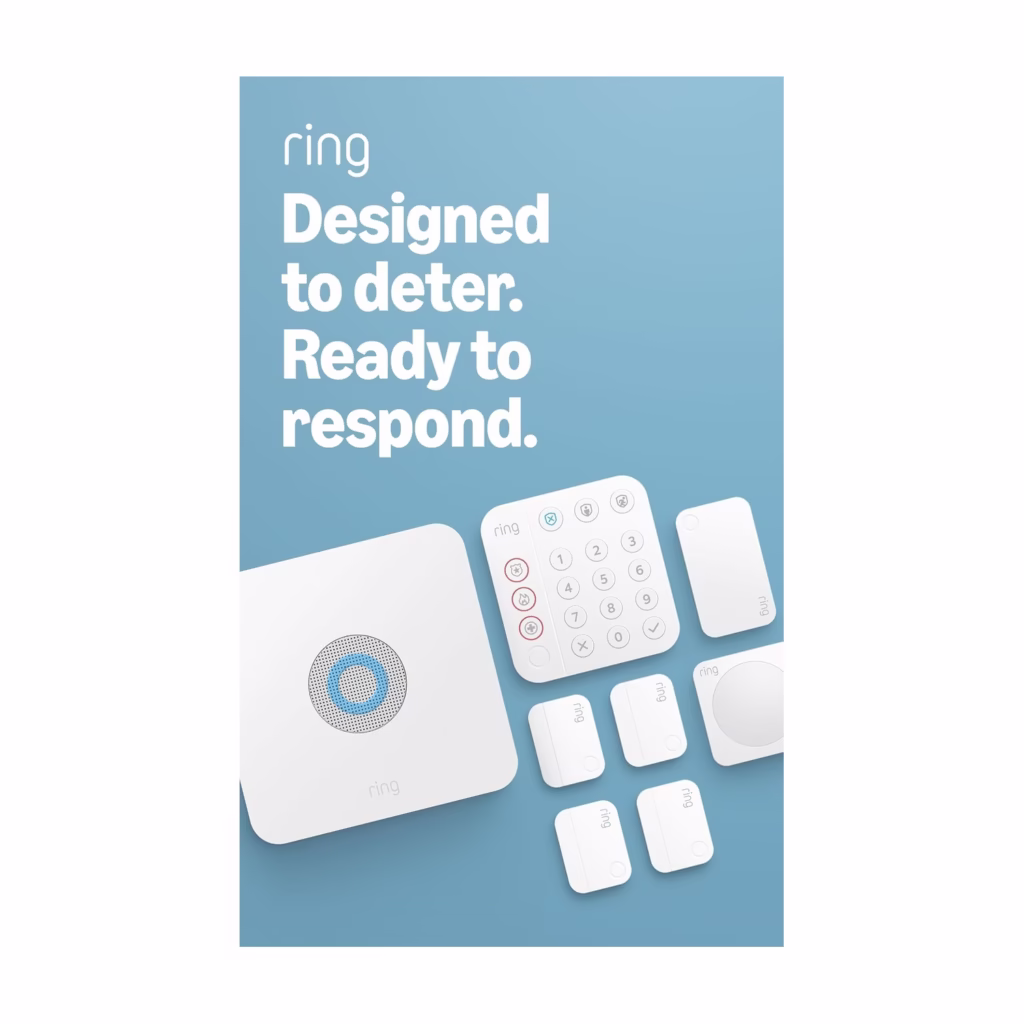 Ring Alarm 8-Piece home security kit components laid out, base station and keypad
