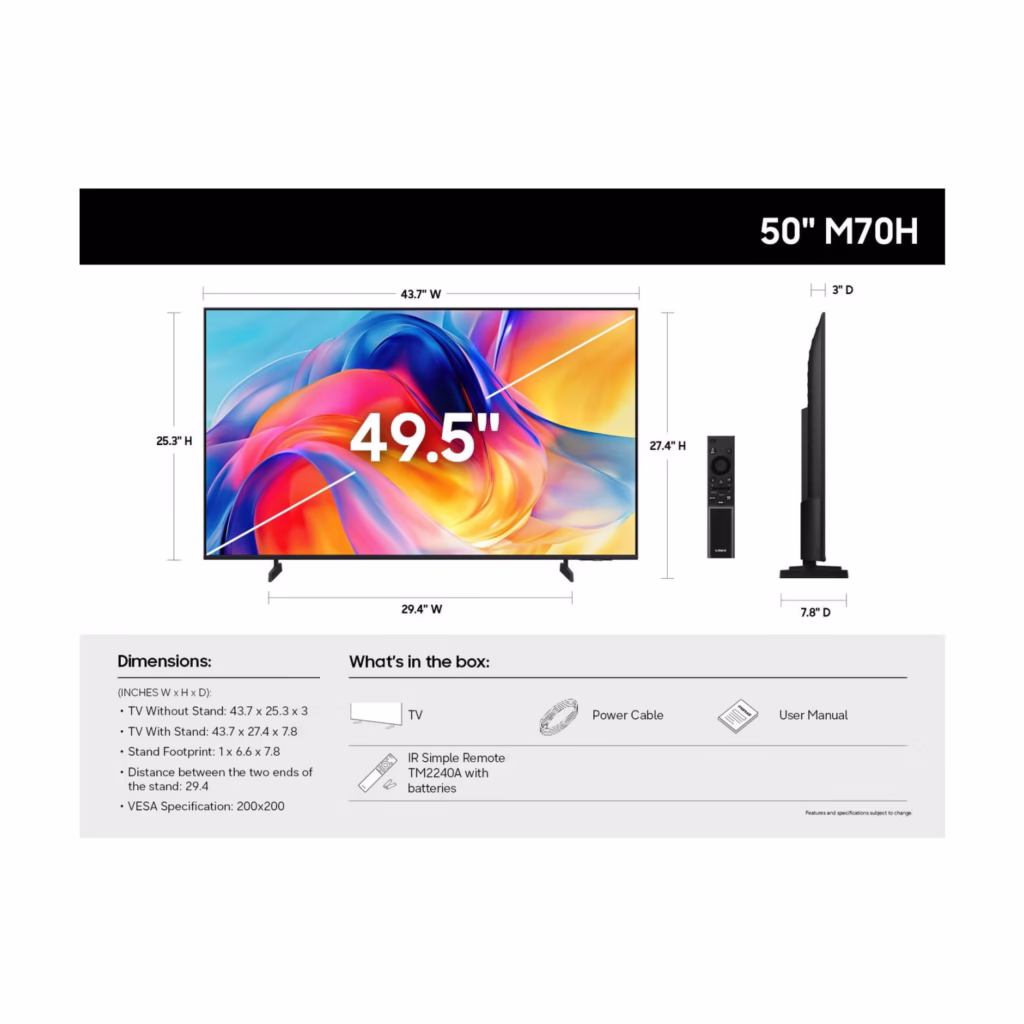 Samsung 50-Inch M70H 4K Smart TV, side profile showing the slim chassis