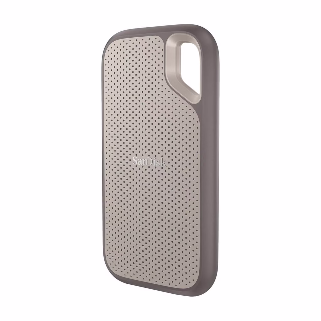 SanDisk Extreme Go 1TB portable SSD at an angle showing the textured surface