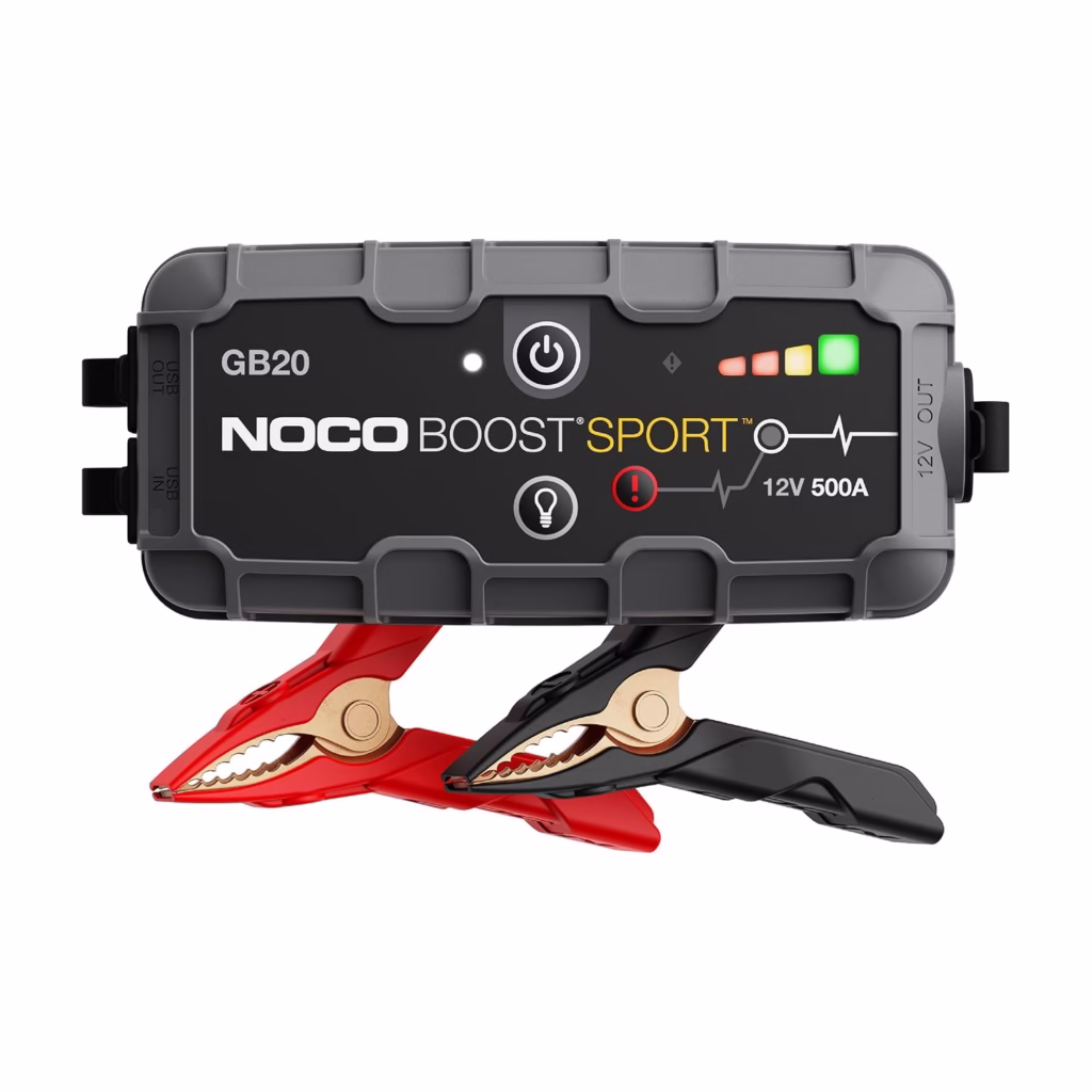 NOCO Boost Sport GB20 500A jump starter with red and black battery clamps