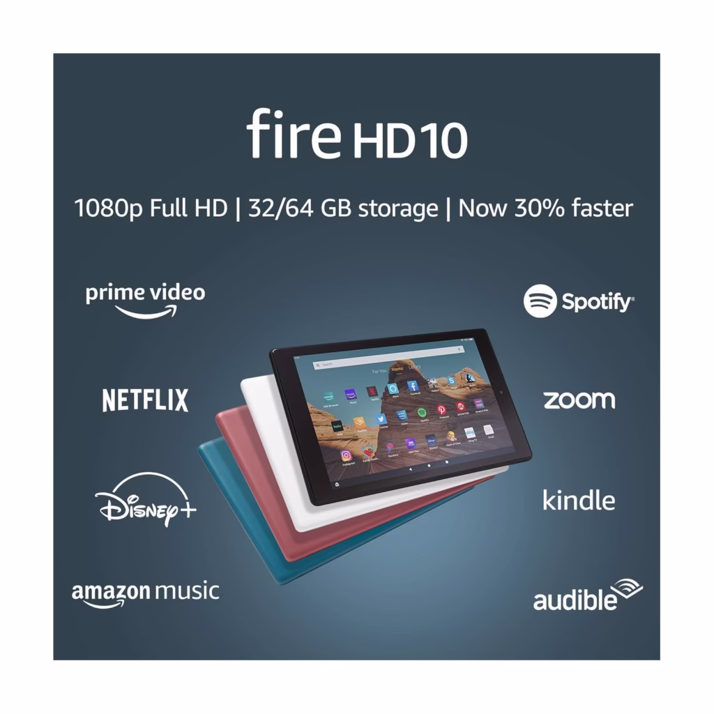 Fire HD 10 tablet showing the 10.1-inch 1080p Full HD display and supported apps