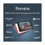 Fire HD 10 tablet showing the 10.1-inch 1080p Full HD display and supported apps