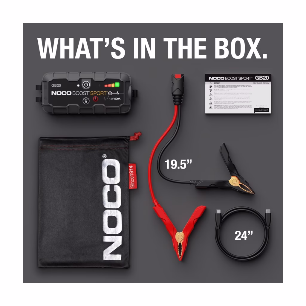 NOCO Boost Sport GB20 with clamps, USB cable, storage bag and user guide