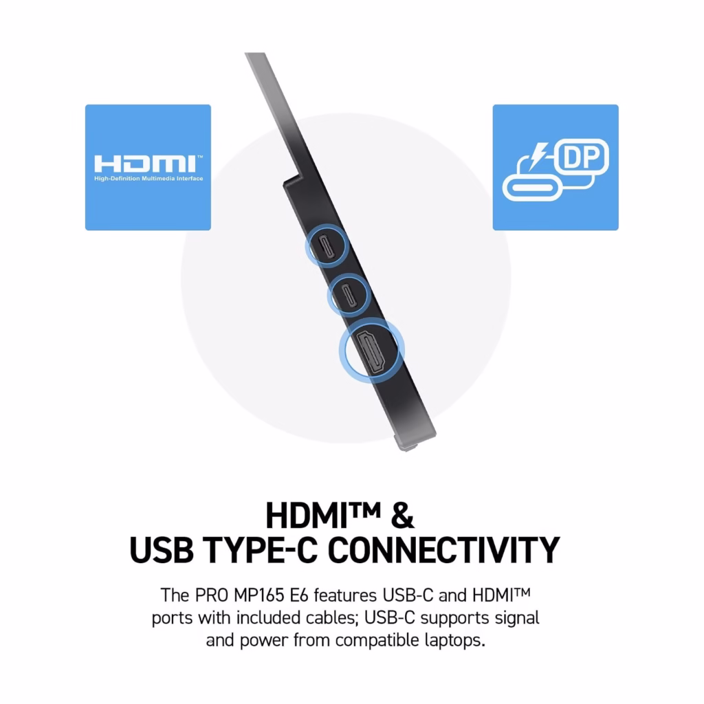 MSI PRO MP165 E6 portable monitor USB Type-C and HDMI port detail