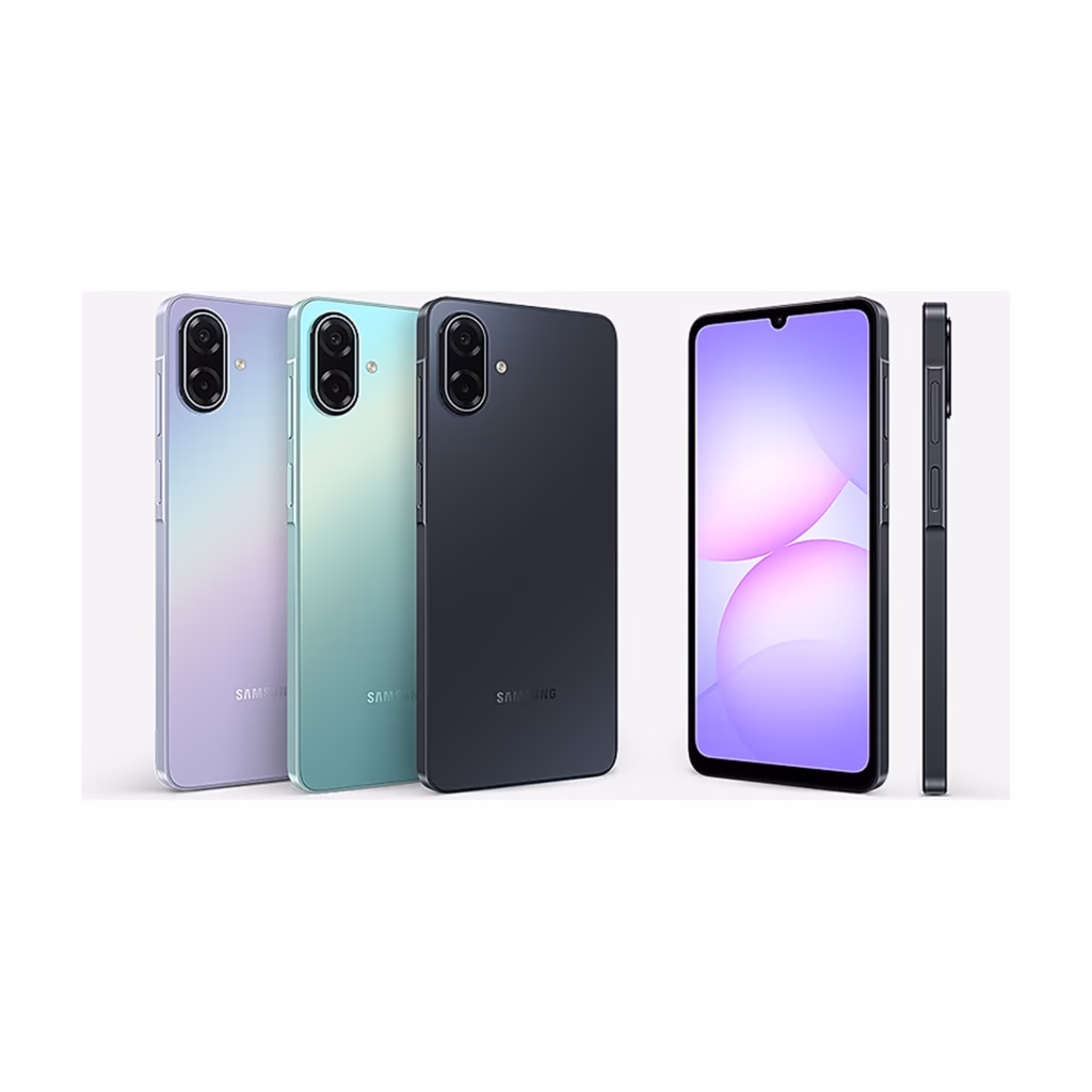 Samsung Galaxy A07 5G in Black, Light Green and Light Violet, rear, front and side views