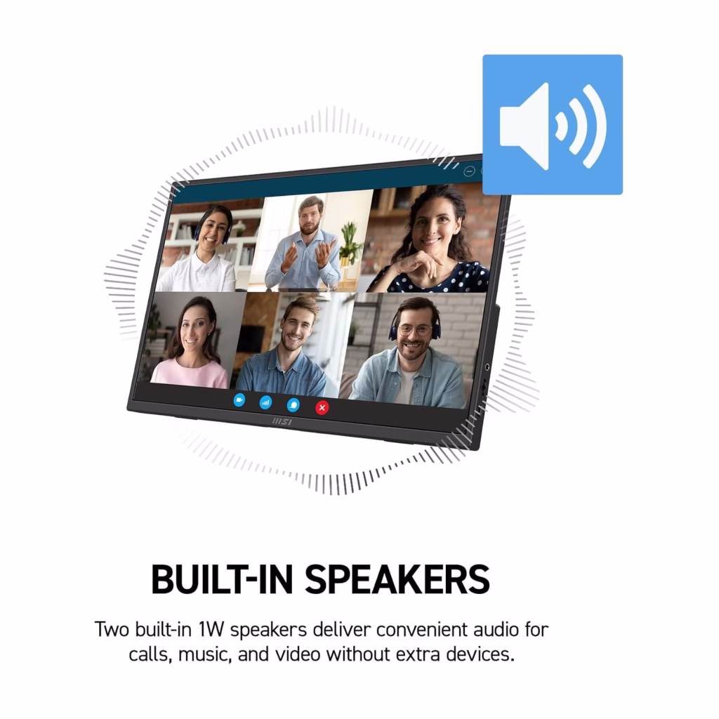 MSI PRO MP165 E6 portable monitor on a video call showing built-in speakers